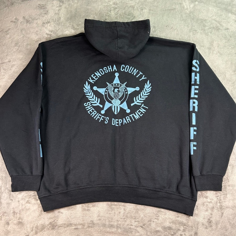 Fruit of the Loom Kenosha County Sheriff Hoodie Black Blue Graphic Mens 2XL